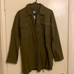 Long oversized olive denim jacket.